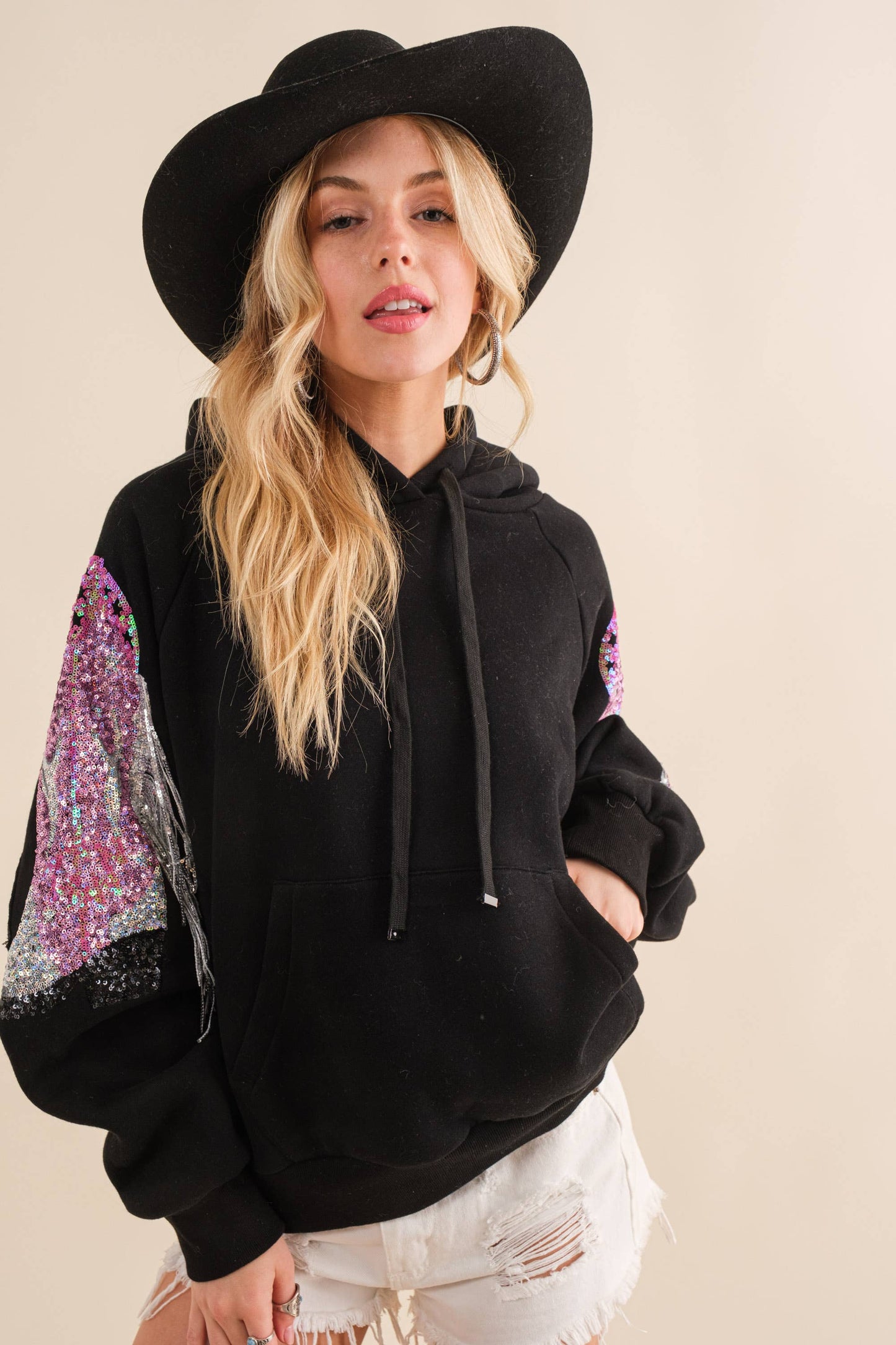 22676J - Fleece Terry Sequin Cowgirl Boots Hoodie: S / OFF WHITE