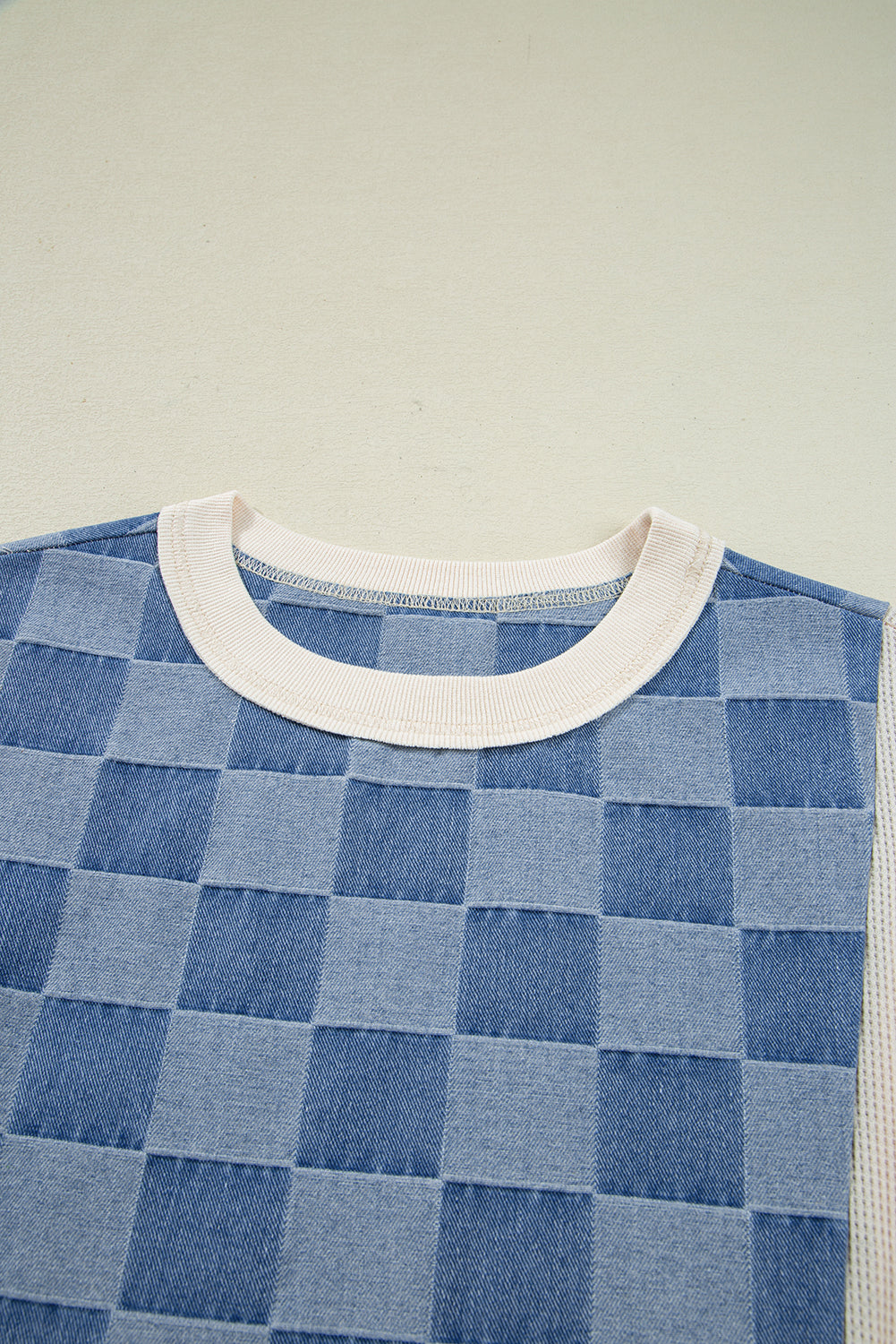 Sky Blue Oversized Checkered Denim Exposed Seam Patchwork Casual Sweatshirt