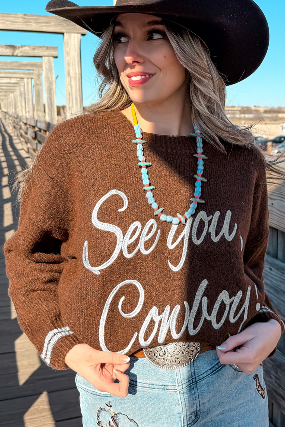 Coffee See You Cowboy Embroidered Western Graphic Sweater