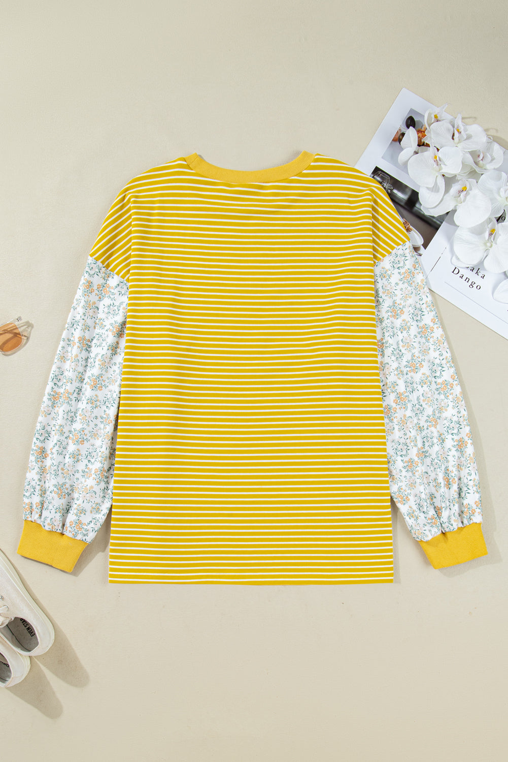 Yellow Stripe Striped Contrast Floral Sleeve Patchwork Plus Size Loose Top
