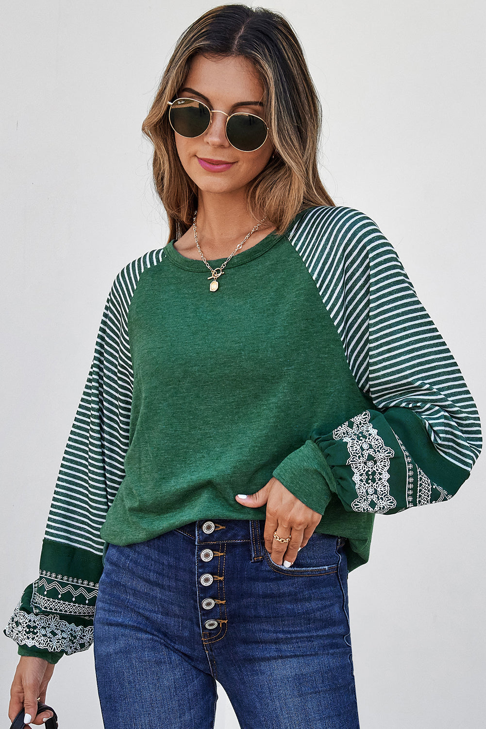 Blackish Green Contrast Print Striped Raglan Long Sleeve Loose Top