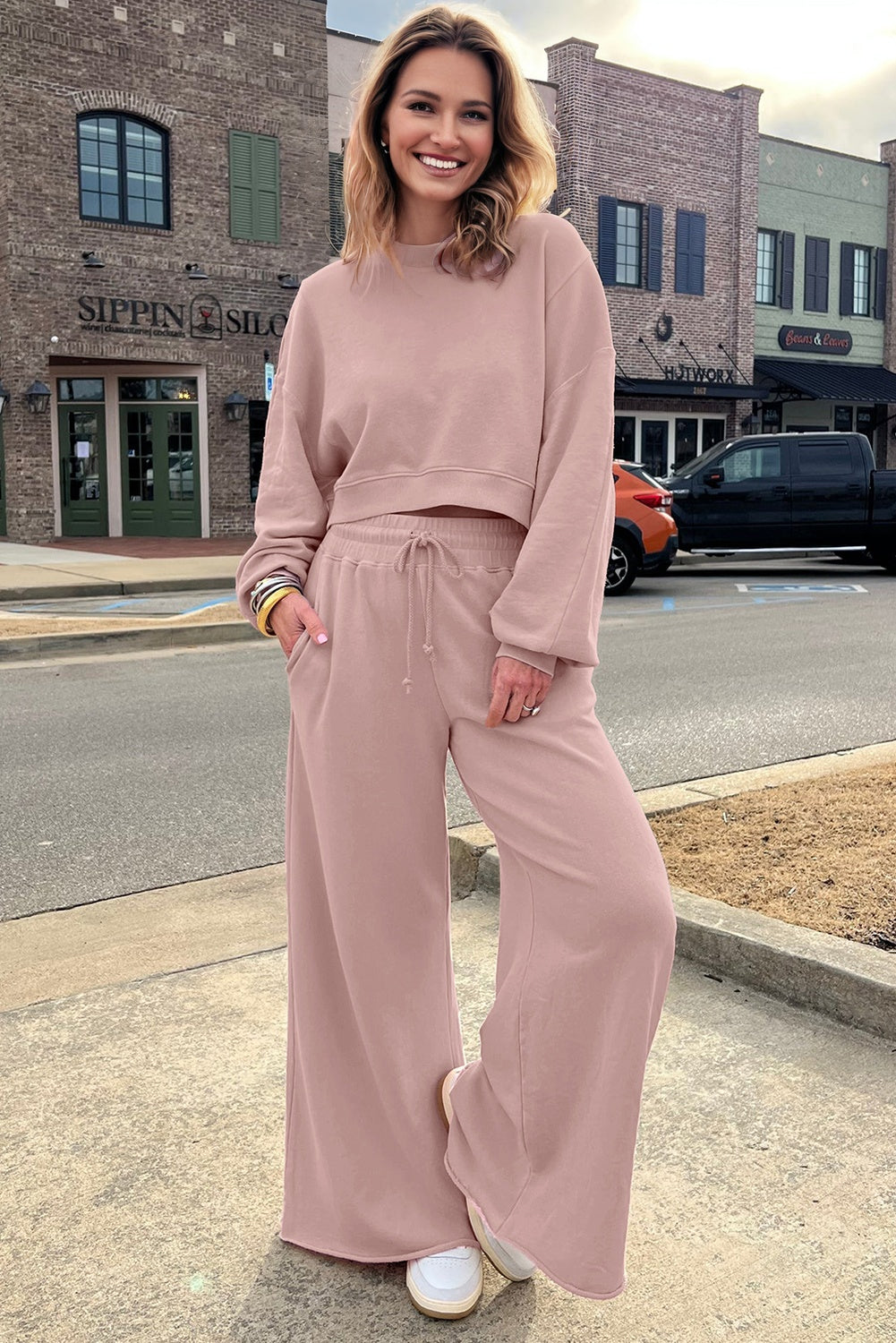 Light Pink Drop Shoulder Puff Sleeve Crop Pullover Drawstring Wide Leg Pants Set