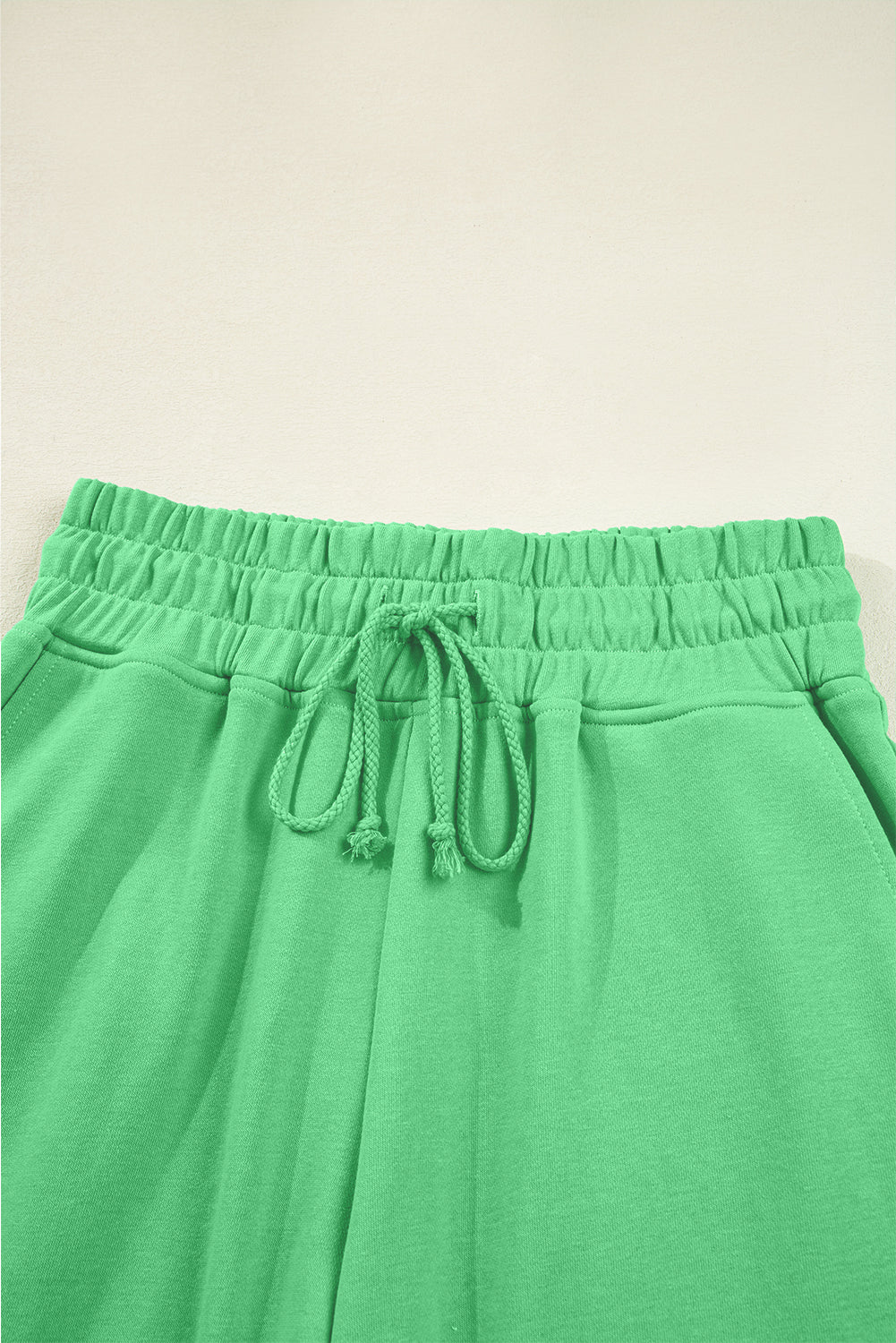 Bright Green Drop Shoulder Puff Sleeve Crop Pullover Drawstring Wide Leg Pants Set