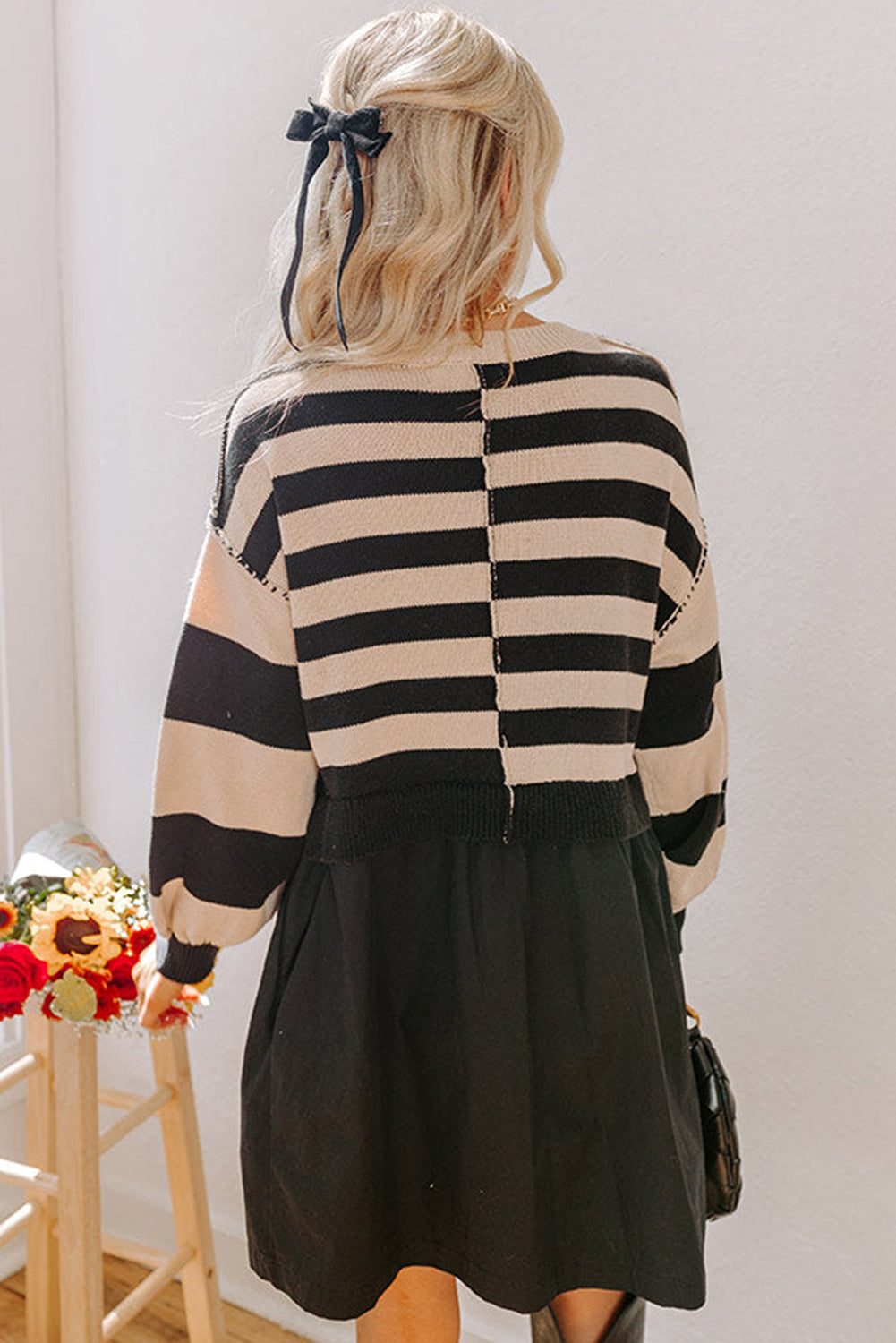 Black Stripe Two in One Knitted Top High Waist Splicing Hem Sweater Dress