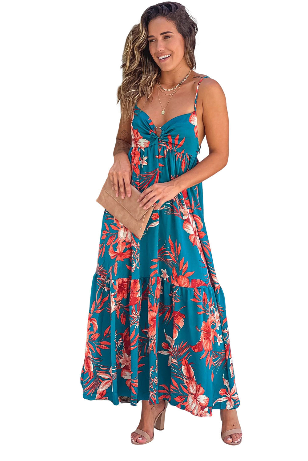 Sky Blue Strappy Open Back Floral Maxi Dress