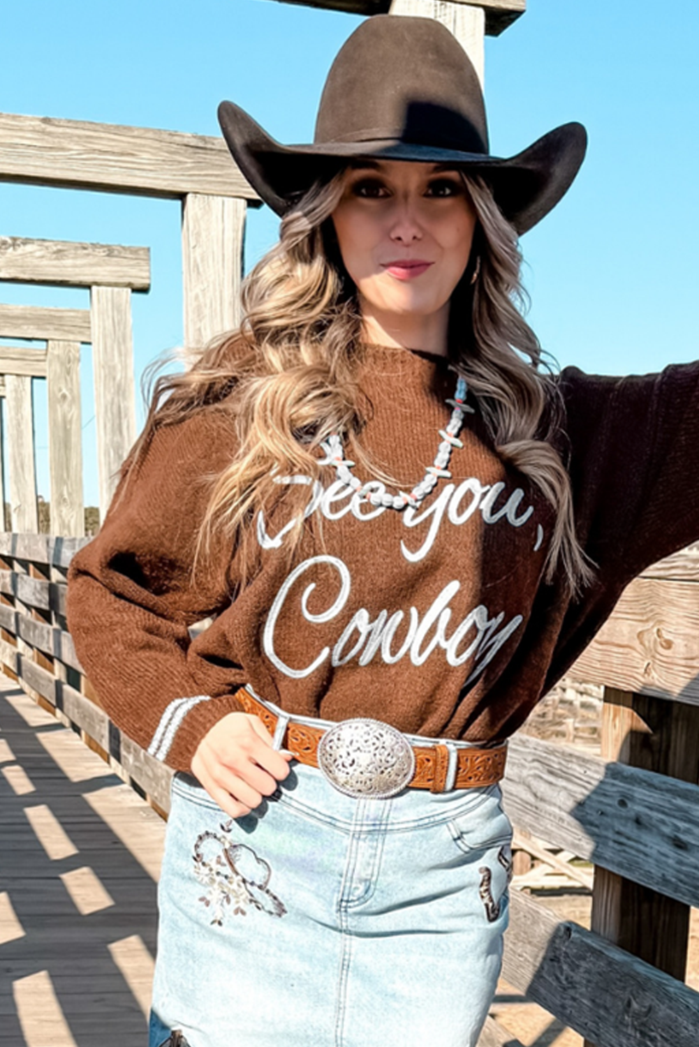 Coffee See You Cowboy Embroidered Western Graphic Sweater