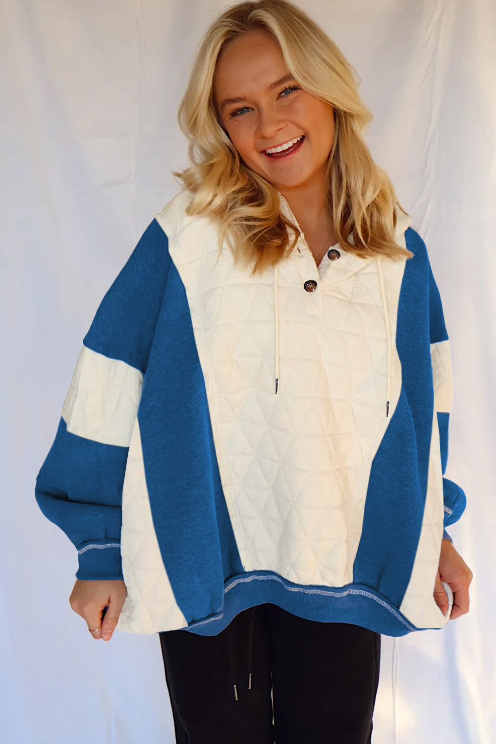 White Quilted Fleece Color Block Patchwork Oversize Hoodie