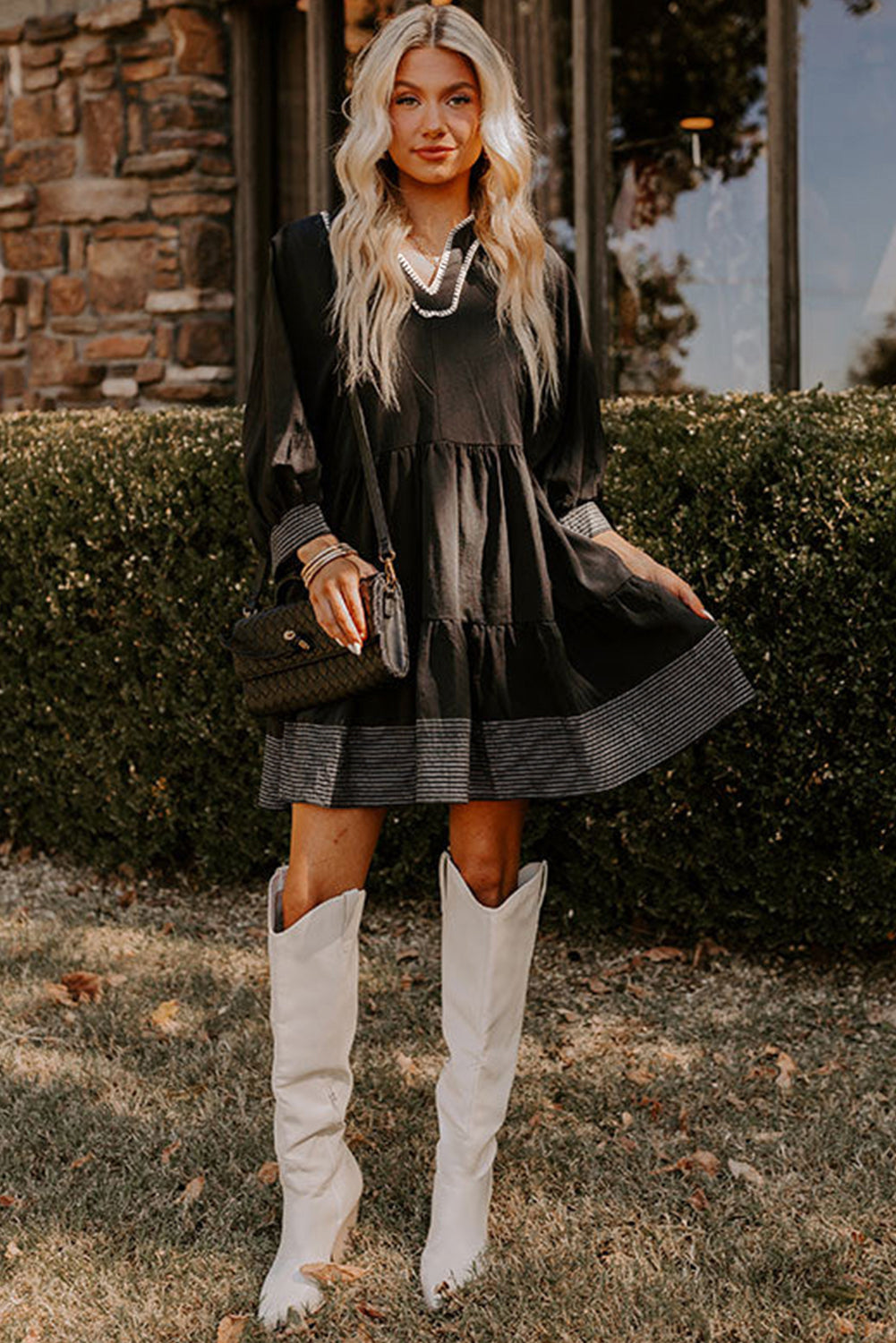 Black Contrast Stitched V Neck 3/4 Sleeve Tiered Mini Dress