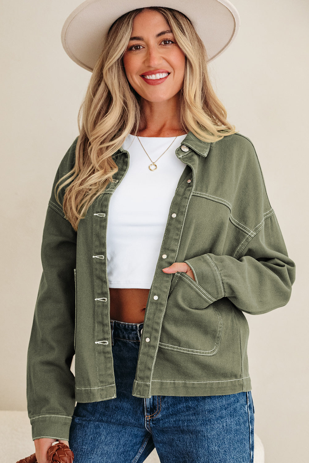 Smoke Green Patched Pocket Collared Button Front Boyfriend Denim Jacket