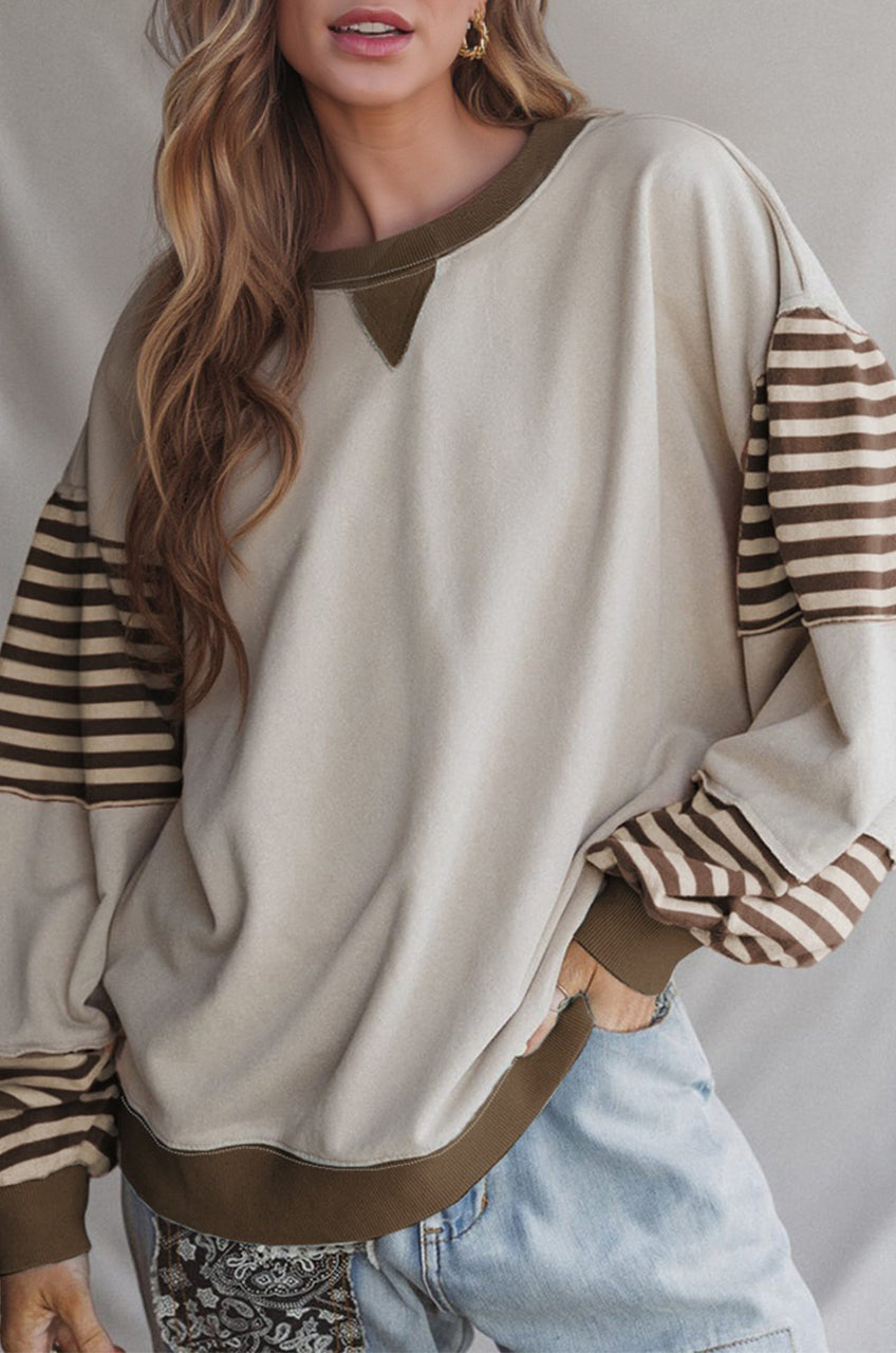 Parchment Striped Colorblock Patchwork Drop Shoulder Sweatshirt