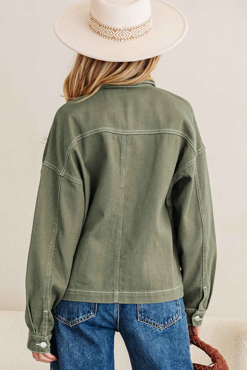 Smoke Green Patched Pocket Collared Button Front Boyfriend Denim Jacket