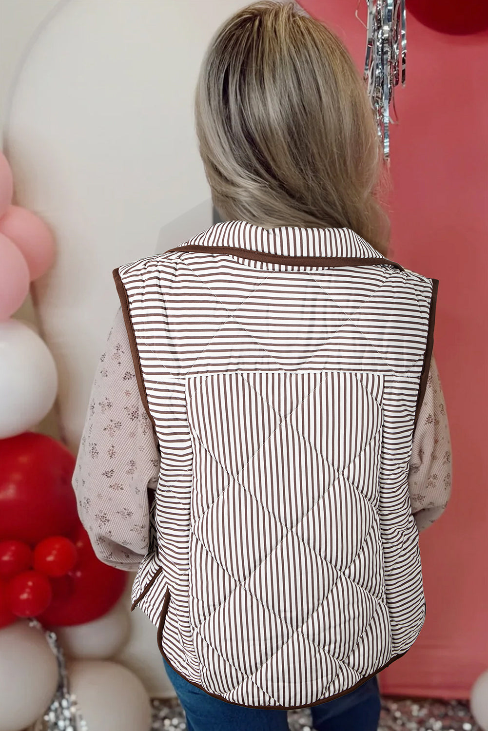 Brown Stripe Contrast Trim Snap Button Collared Winter Vest