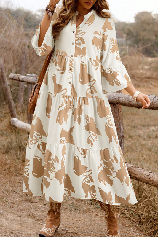 Khaki Patterned Ruffled Sleeve Half Placket Tiered A-line Plus Size Long Dress