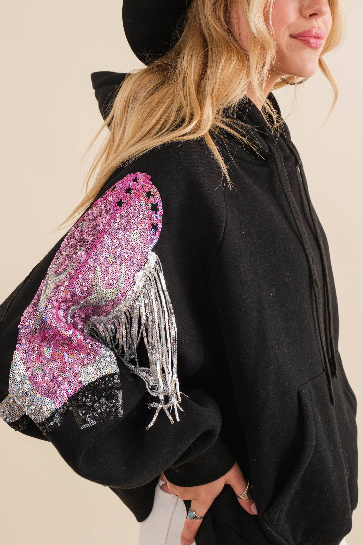 22676J - Fleece Terry Sequin Cowgirl Boots Hoodie: S / OFF WHITE