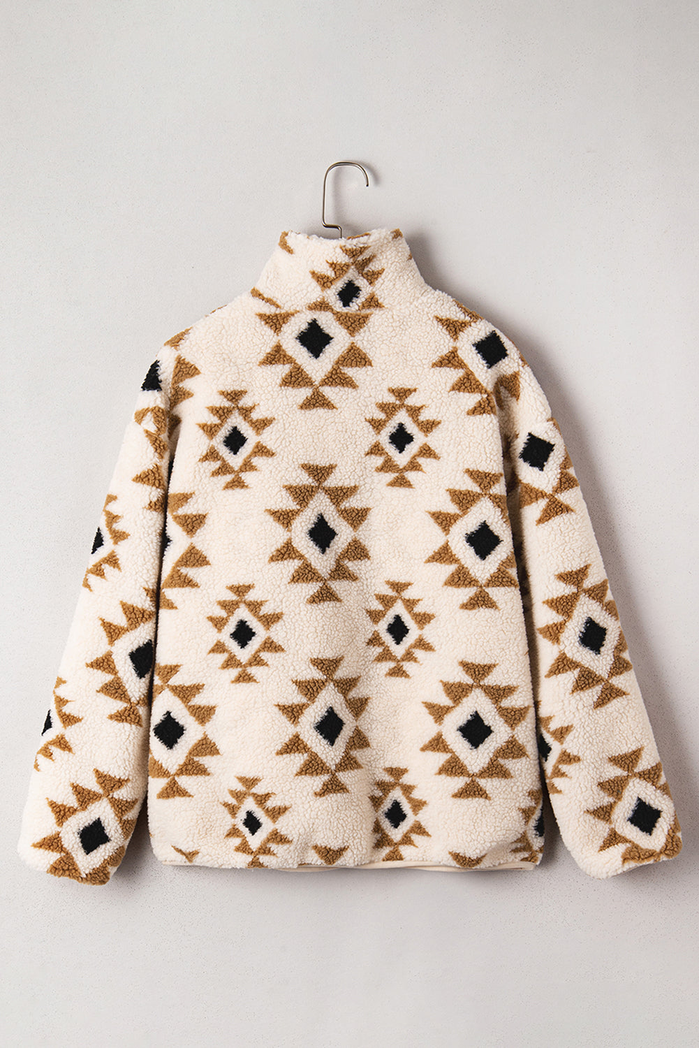 Khaki Aztec Print Sherpa Quarter Zip Collar Sweatshirt