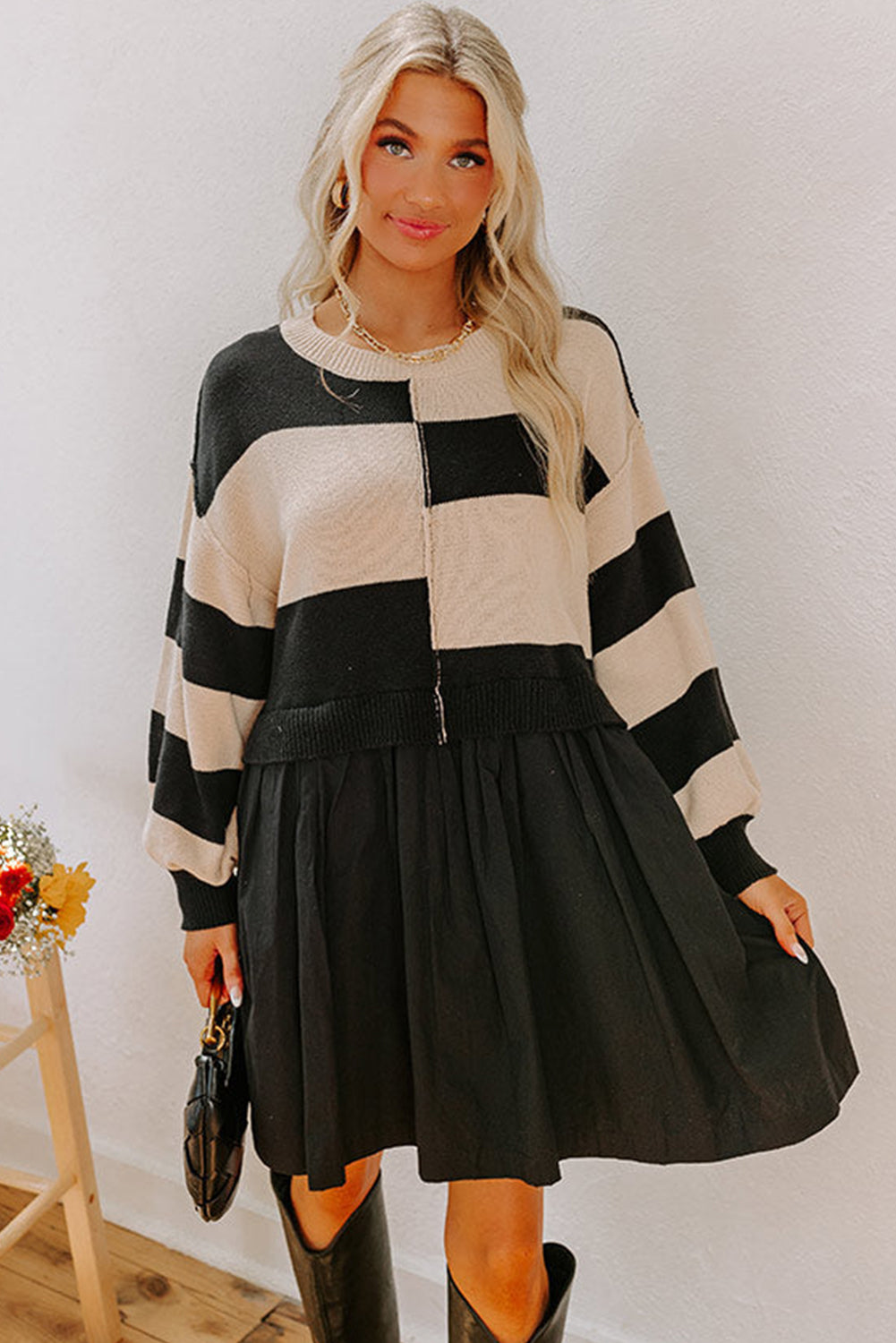 Black Stripe Two in One Knitted Top High Waist Splicing Hem Sweater Dress