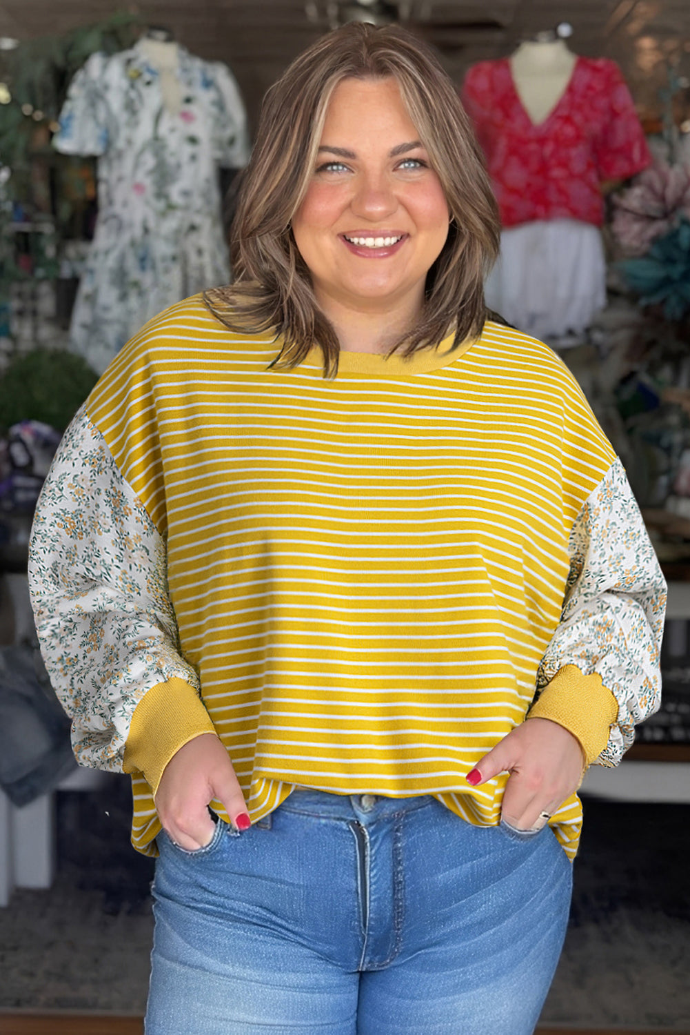 Yellow Stripe Striped Contrast Floral Sleeve Patchwork Plus Size Loose Top