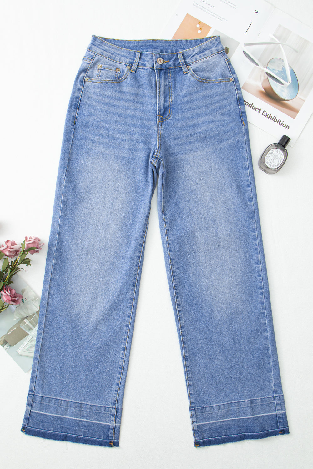 Dusk Blue Raw Hem Unique Cuffs Straight High Rise Loose Jeans
