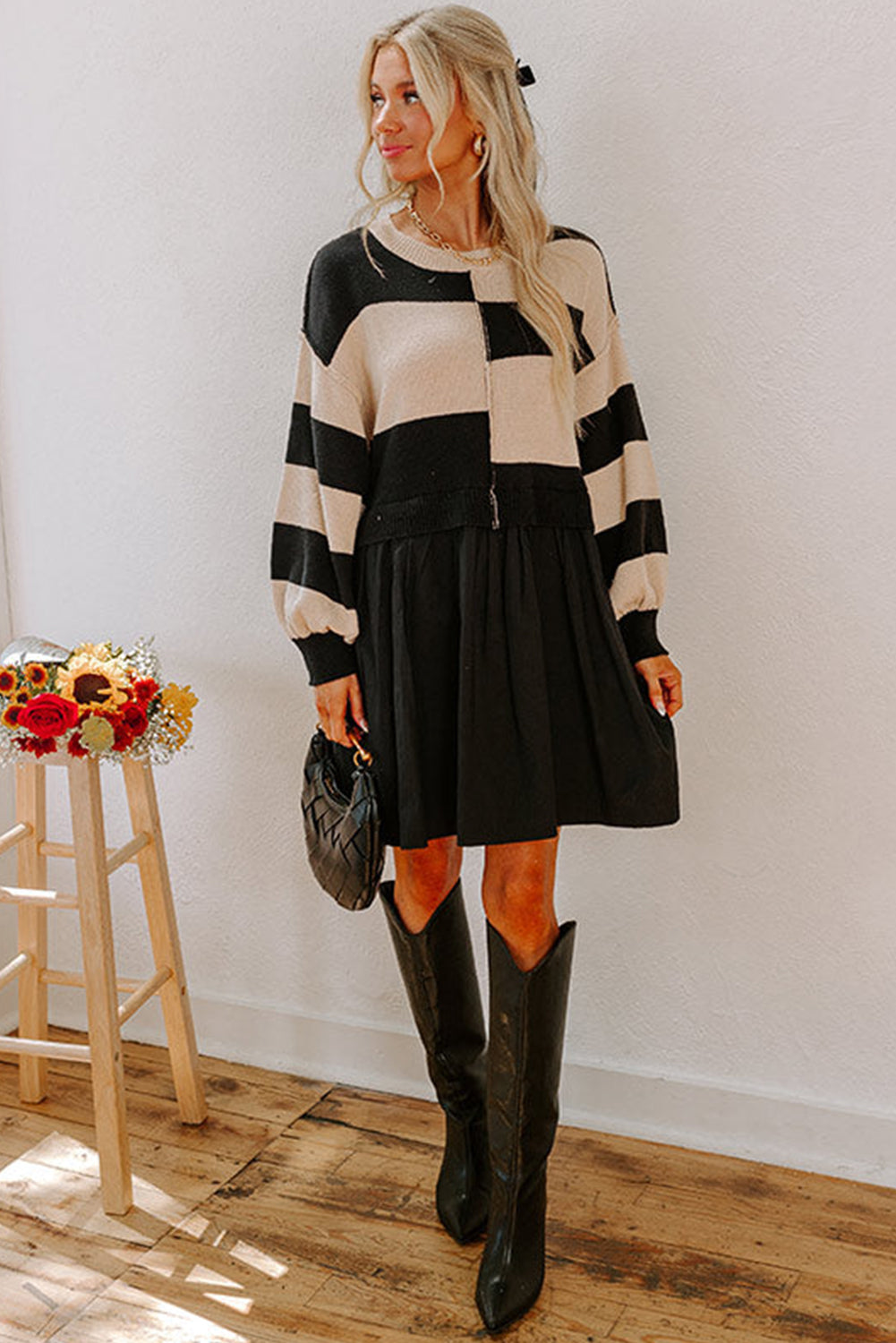 Black Stripe Two in One Knitted Top High Waist Splicing Hem Sweater Dress