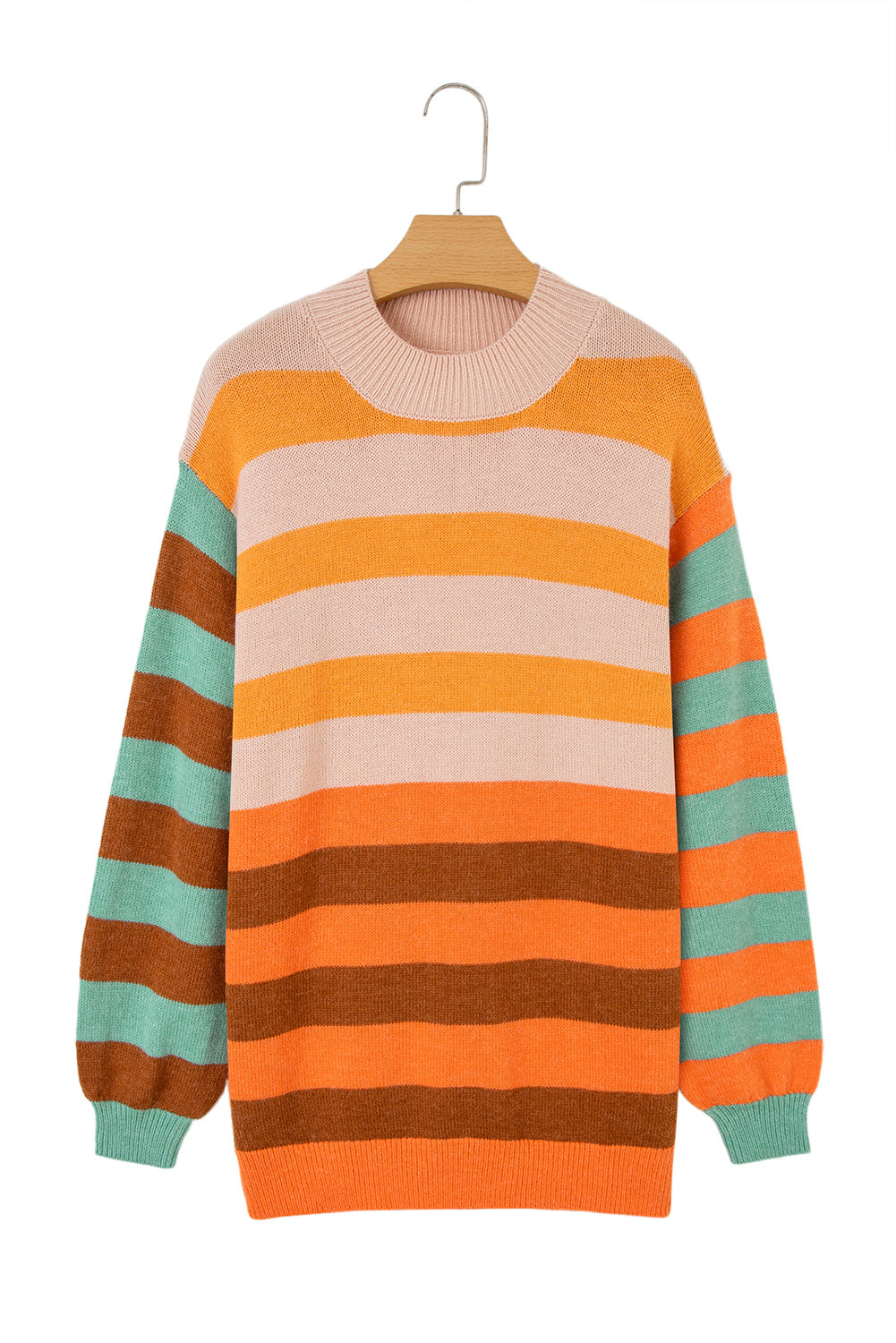 Orange Stripe Color Block High Neck Drop Shoulder Cozy Sweater