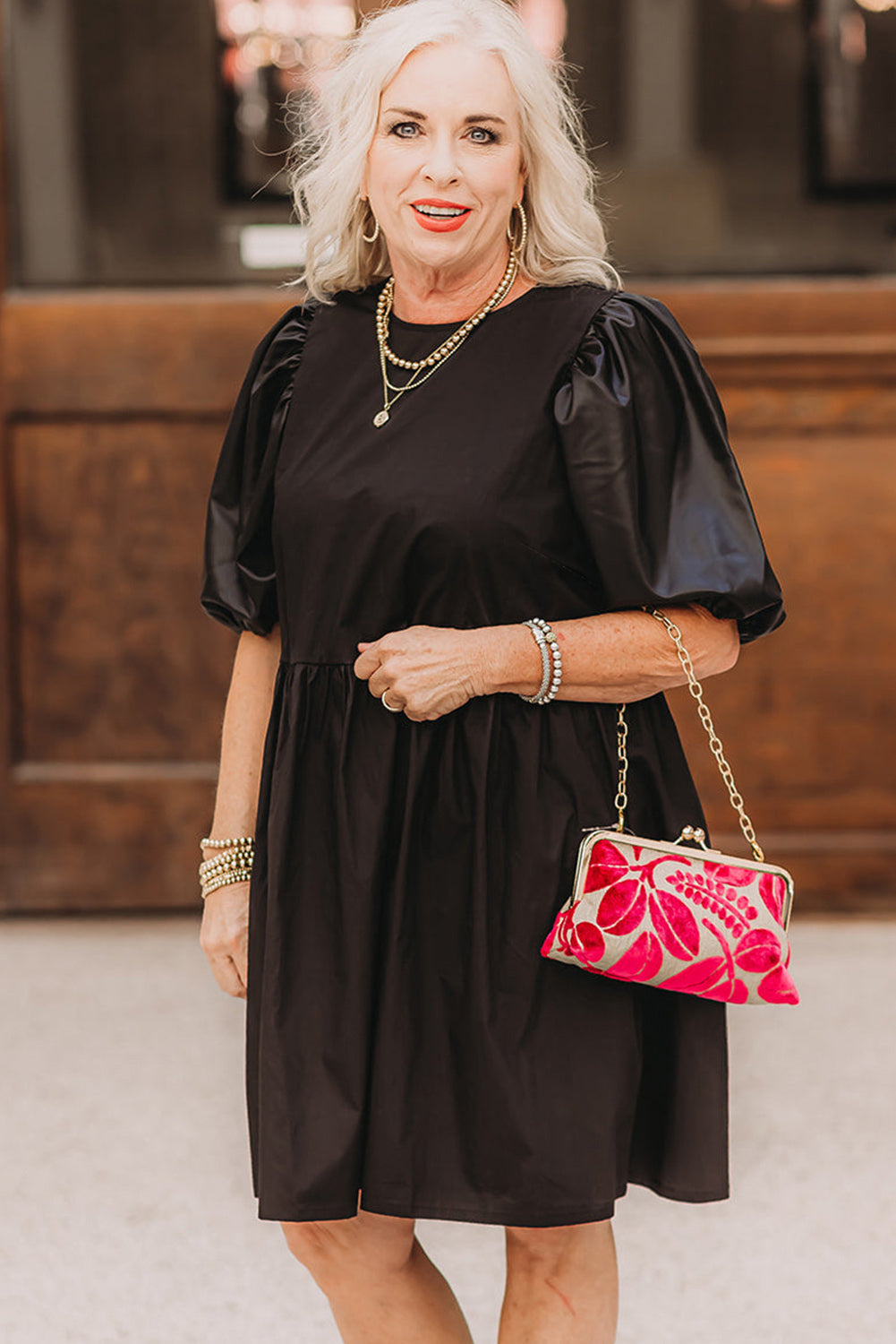 Black Plus Size Half Puff Sleeve Swing Dress