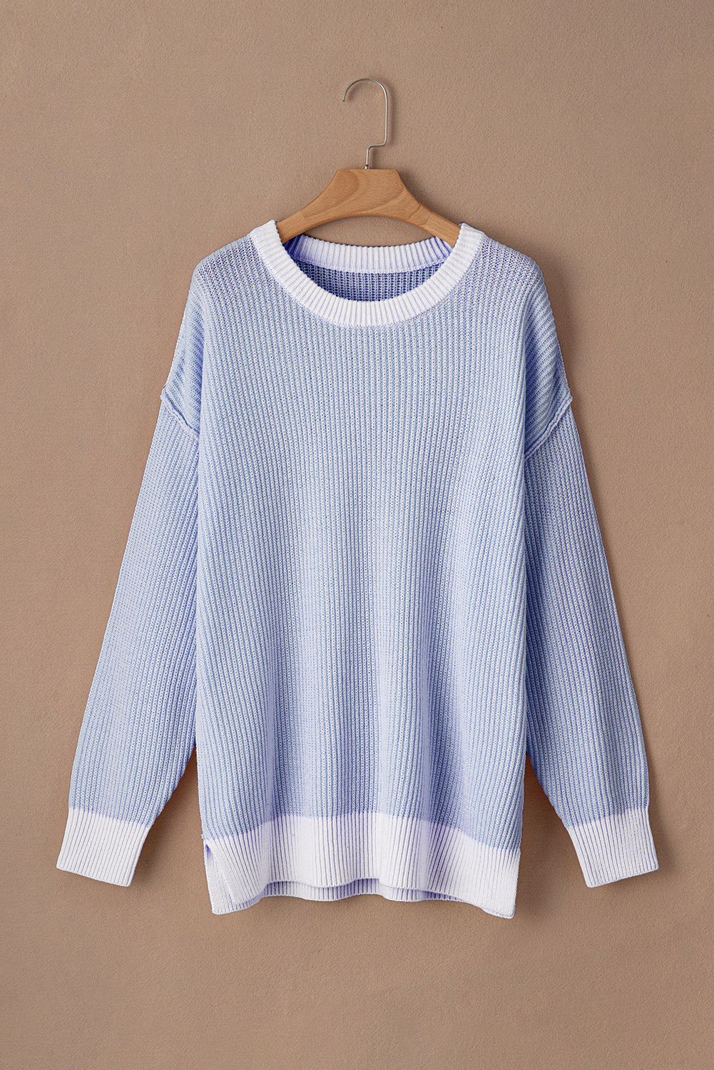 Blue Stripe Plus Size Contrast Trim Crew Neck Rib Knit Drop Shoulder Sweater
