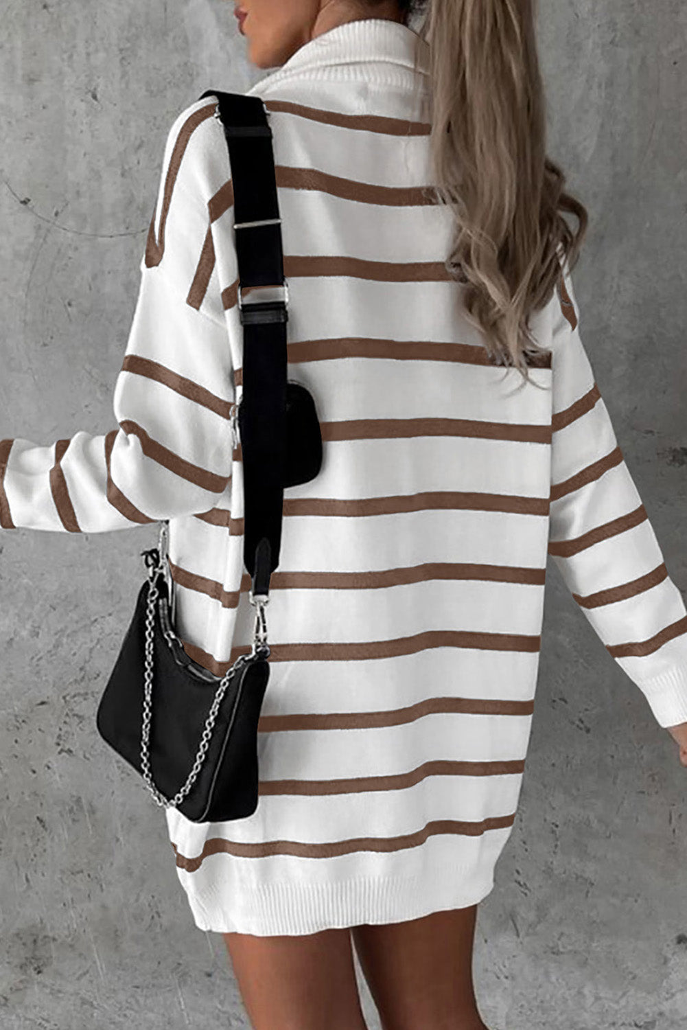 Brown Striped O-ring Zip Collared Loose Sweater Mini Dress