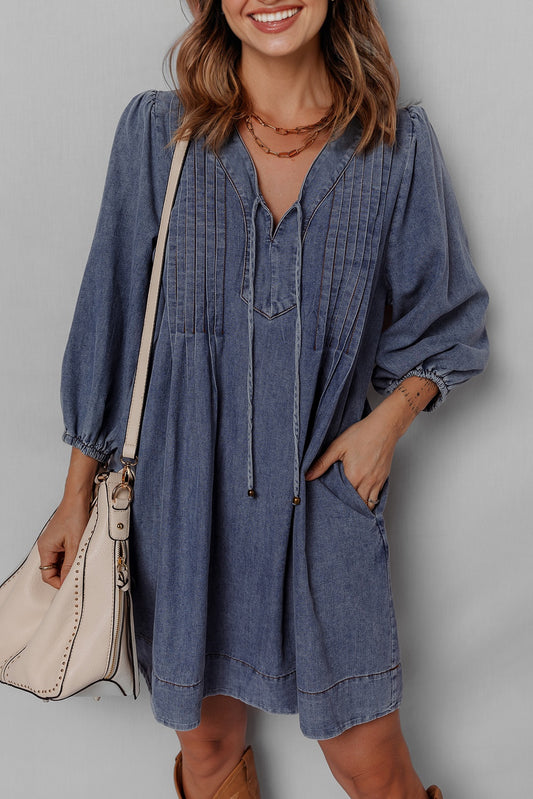 Sail Blue 3/4 Sleeve Tied V Neck Pleated Denim Mini Dress