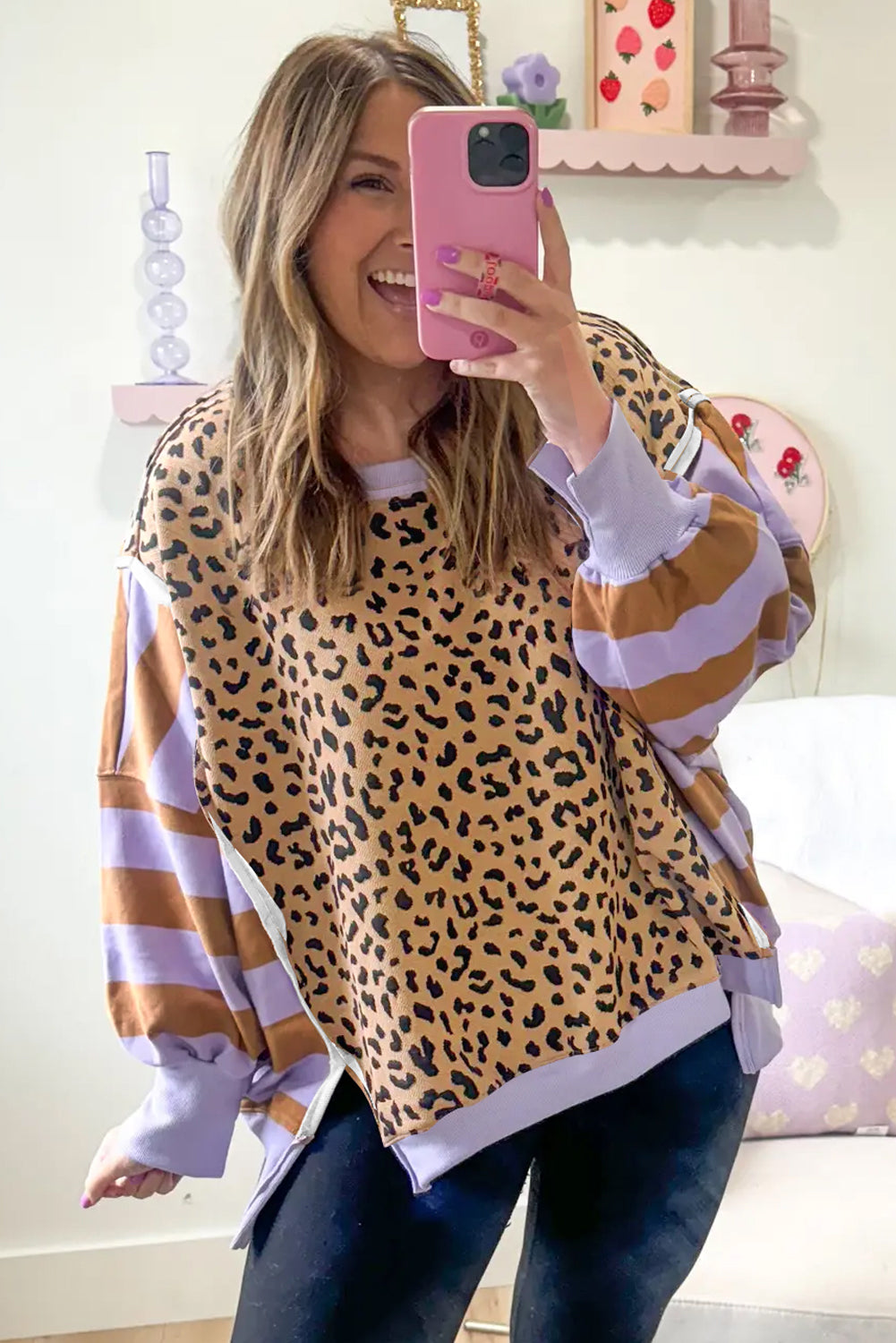 Purple Stripe Color Block Patchwork Leopard Casual Sweatshirt with Slits