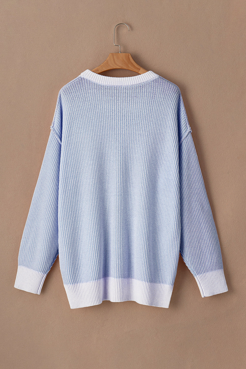 Blue Stripe Plus Size Contrast Trim Crew Neck Rib Knit Drop Shoulder Sweater