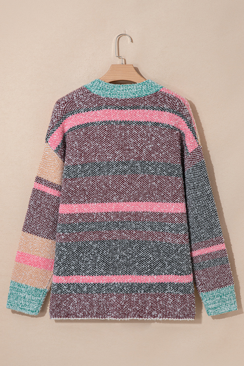 Multicolour Color Block Striped Side Slit Open Front Cardigan
