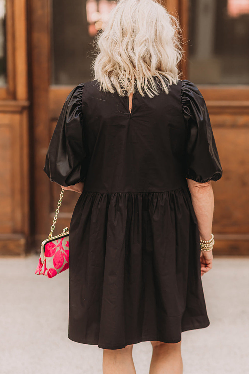 Black Plus Size Half Puff Sleeve Swing Dress