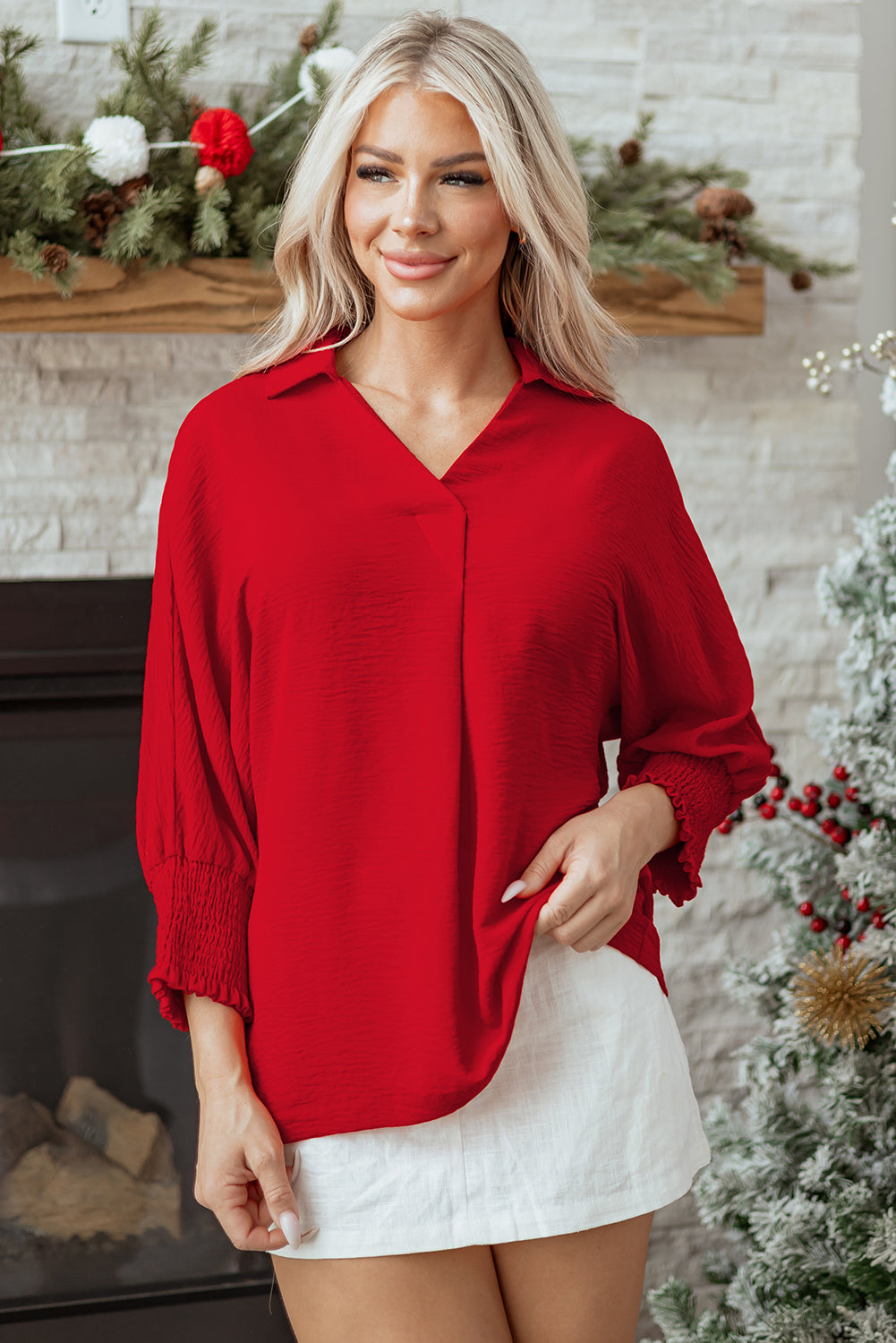 Fiery Red V Neck Collared Shirred 3/4 Sleeve Oversized Tunic Top