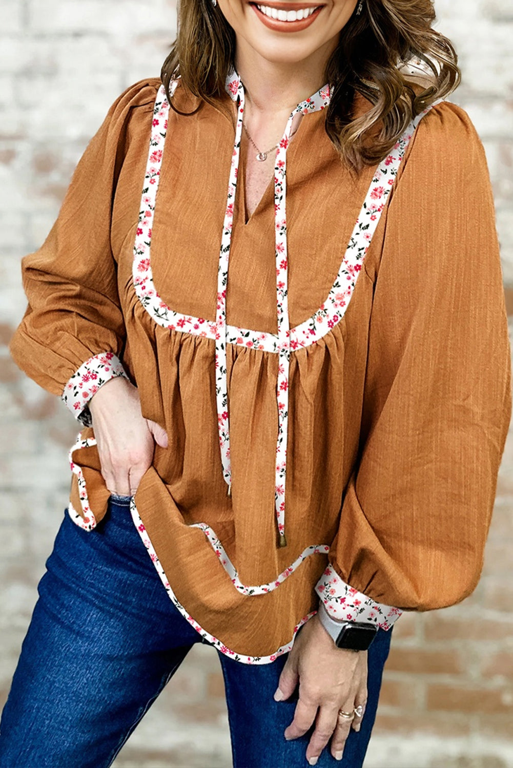 Straw Yellow Split Neck Pleated Floral Trim Long Puff Sleeve Blouse