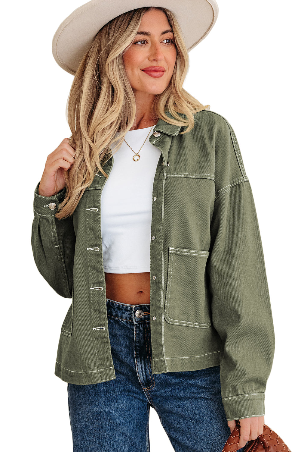 Smoke Green Patched Pocket Collared Button Front Boyfriend Denim Jacket