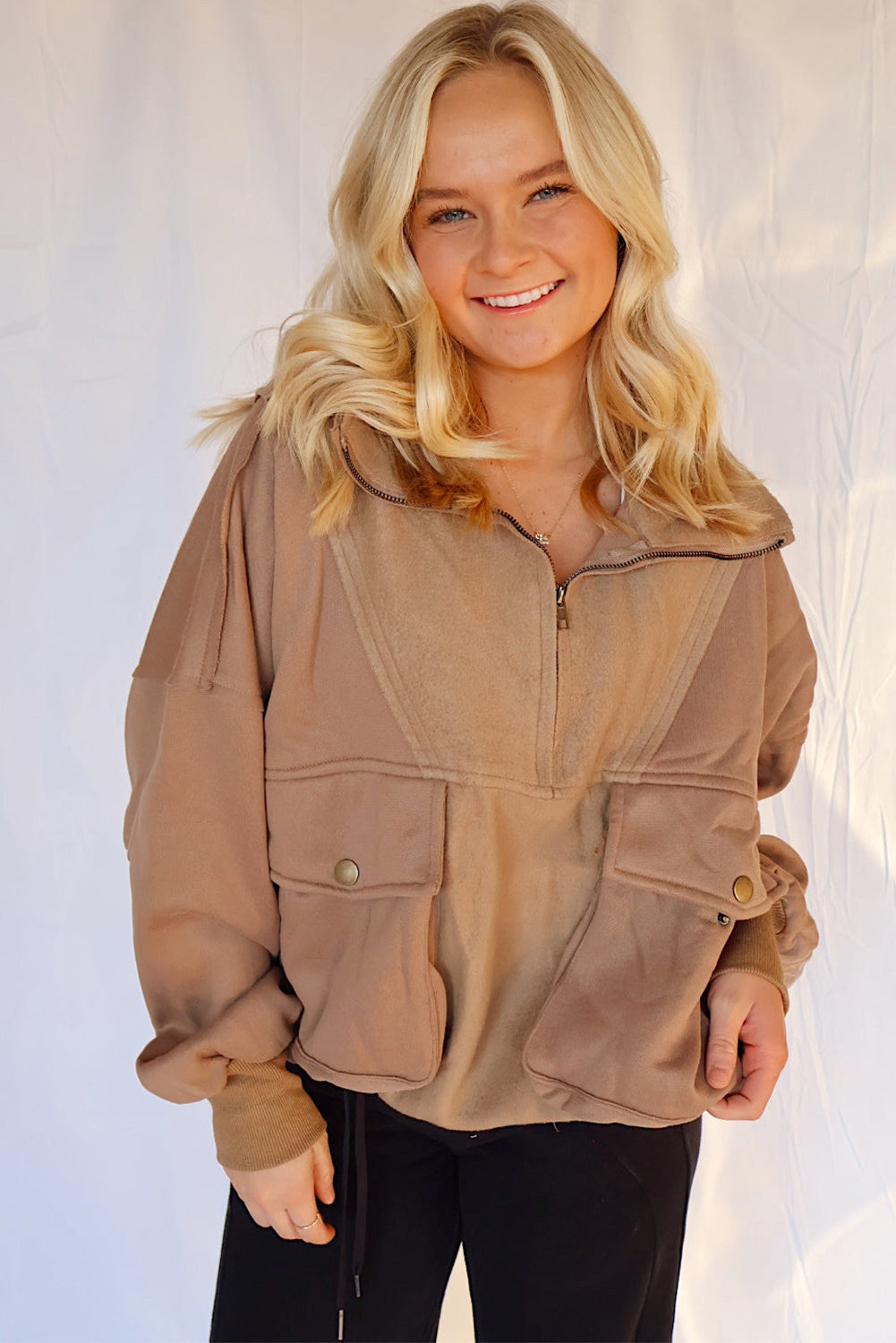 Camel Exposed Seam Side Pockets Half Zipper Baggy Sweatshirt