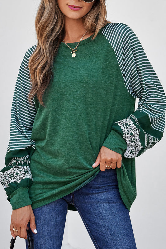 Blackish Green Contrast Print Striped Raglan Long Sleeve Loose Top