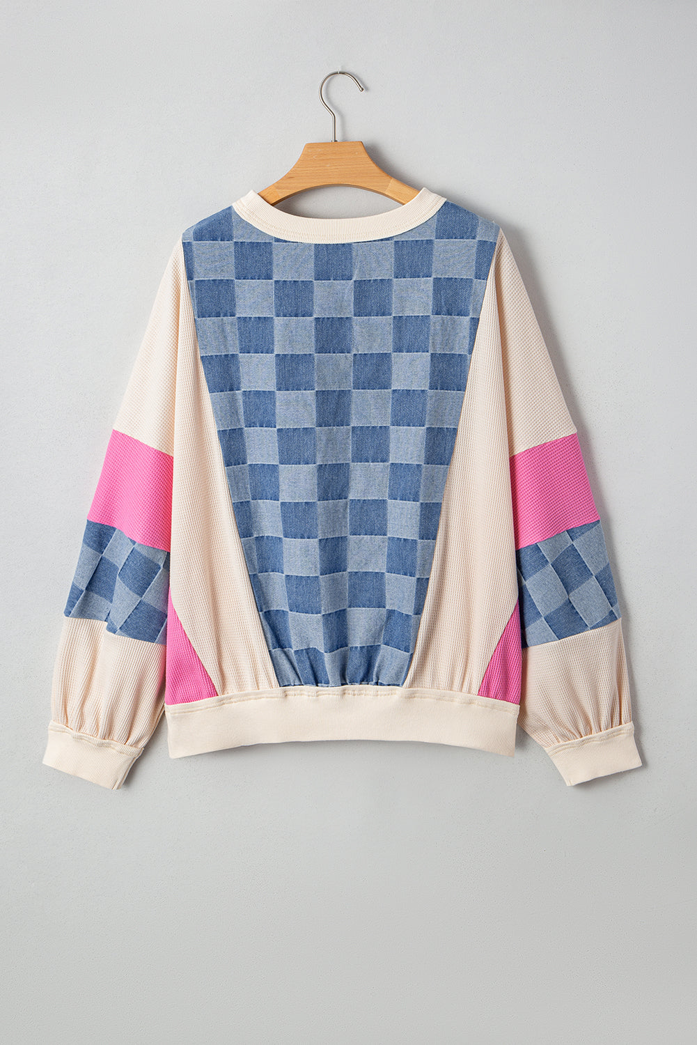 Sky Blue Oversized Checkered Denim Exposed Seam Patchwork Casual Sweatshirt