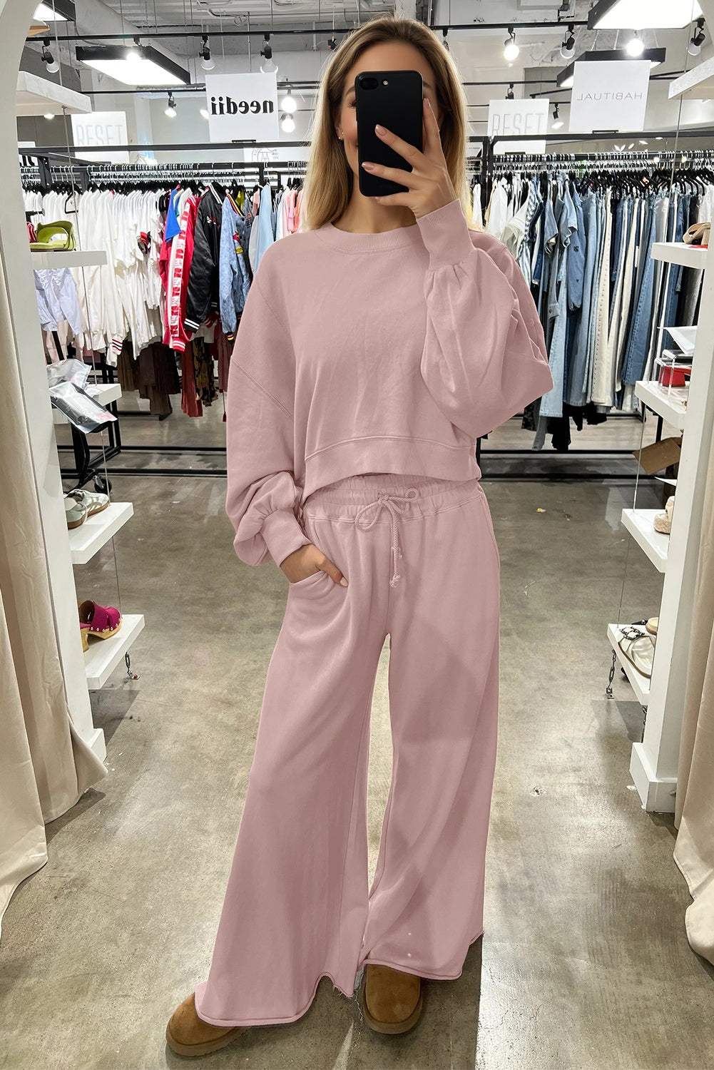 Light Pink Drop Shoulder Puff Sleeve Crop Pullover Drawstring Wide Leg Pants Set