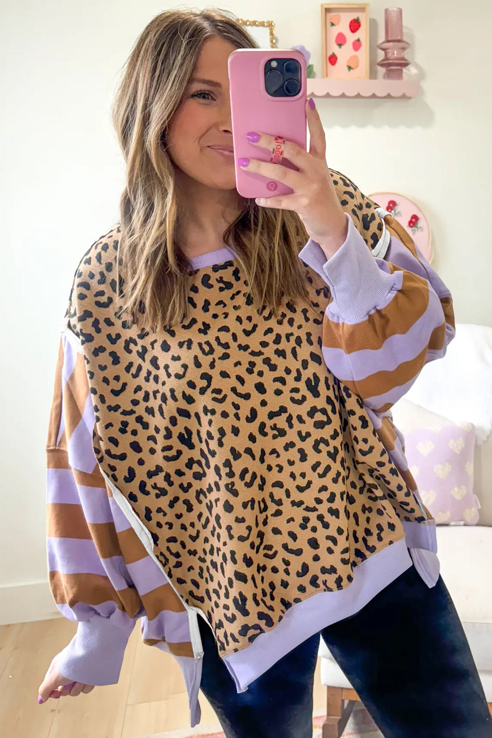 Purple Stripe Color Block Patchwork Leopard Casual Sweatshirt with Slits
