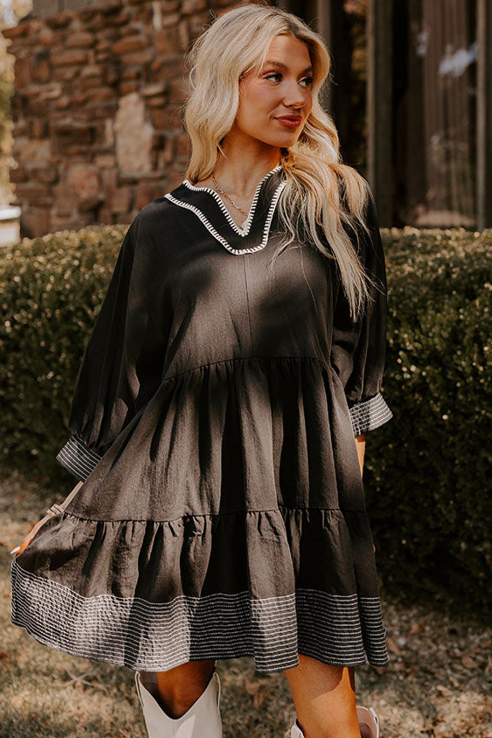 Black Contrast Stitched V Neck 3/4 Sleeve Tiered Mini Dress