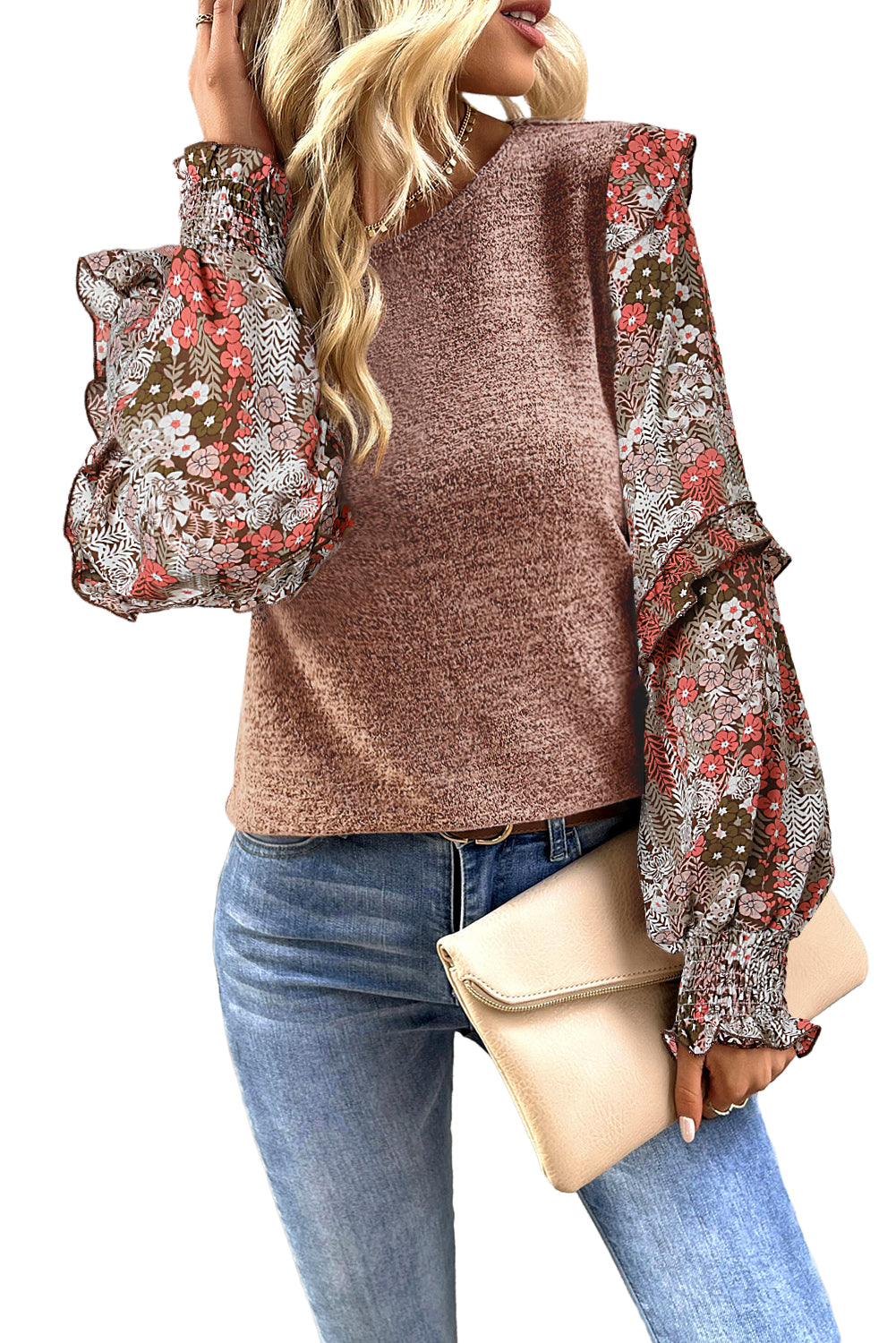 Pale Chestnut Ruffle Tiered Floral Sleeve Crew Neck Blouse