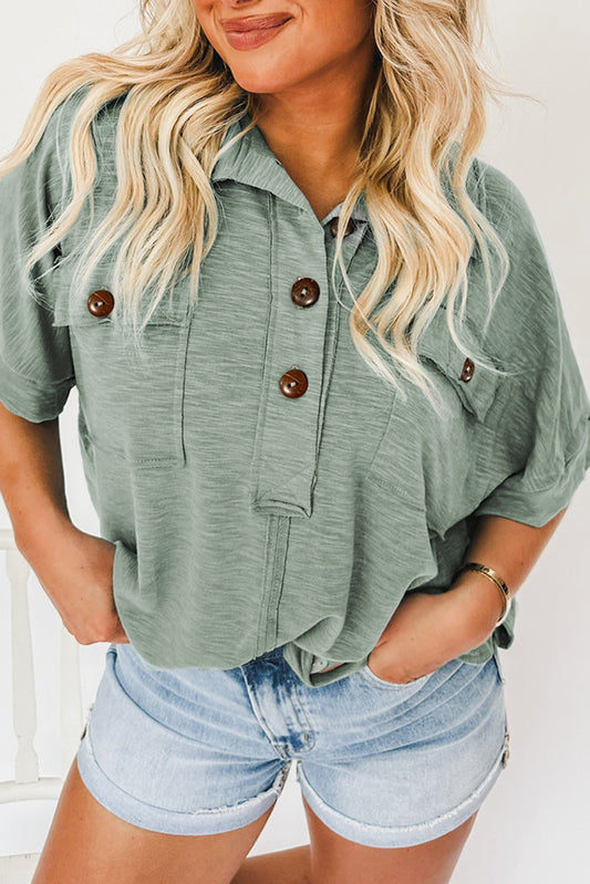 Moonlight Jade Chest Pockets Half Buttoned Collared Blouse
