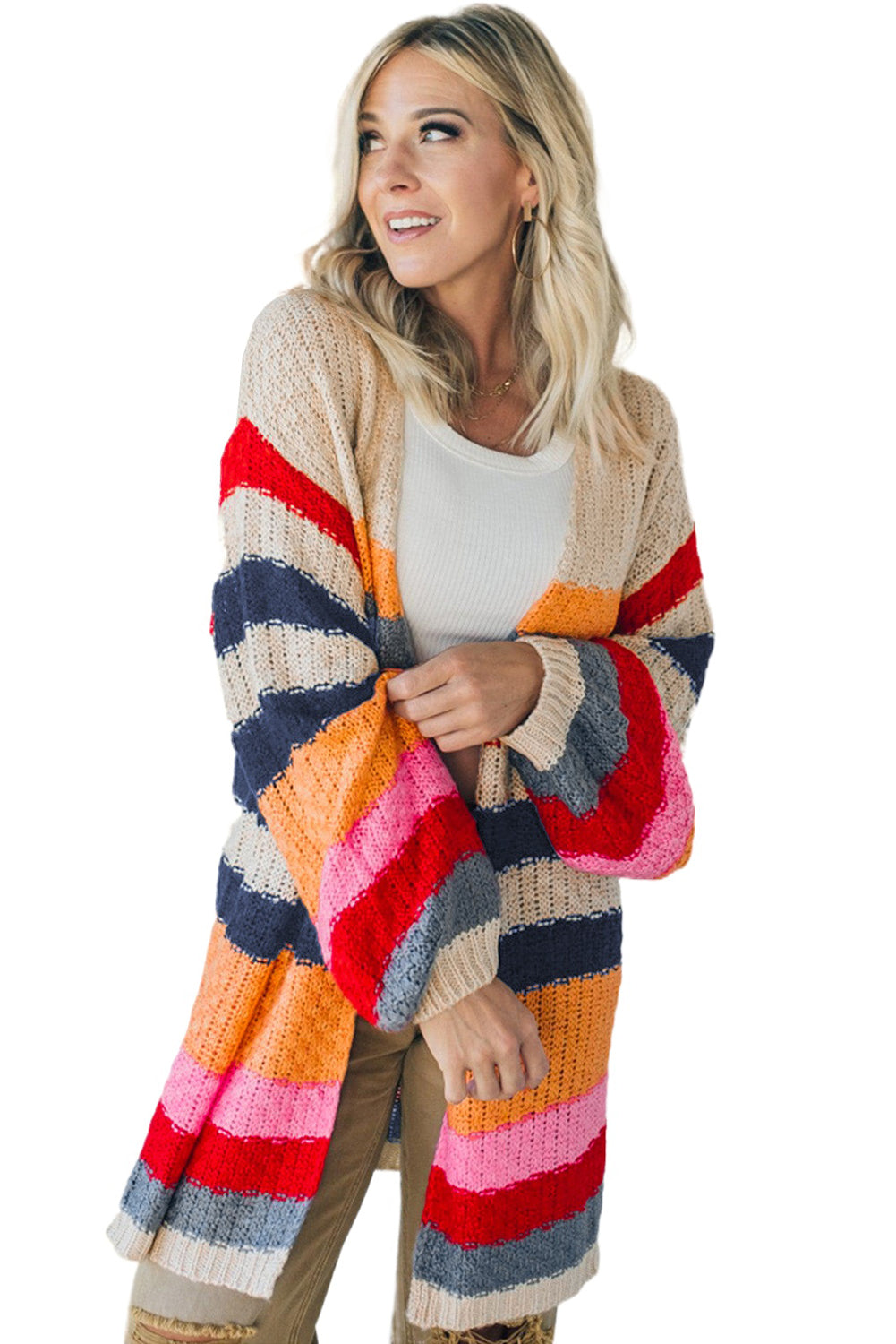 Stripes Knitted Balloon Sleeve Open Cardigan