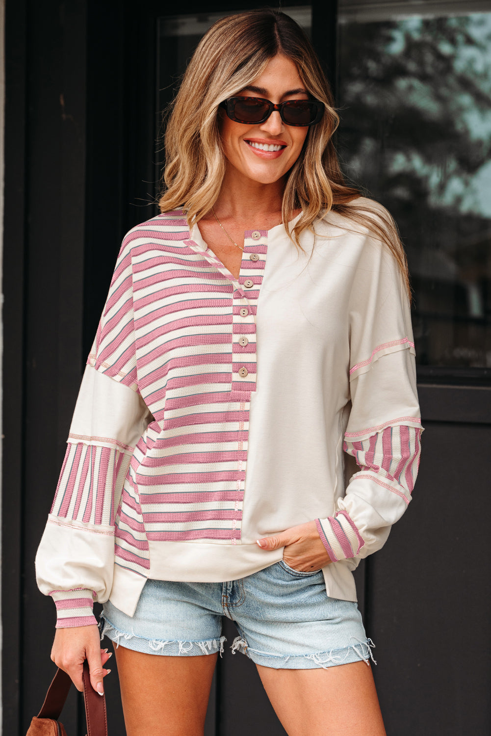 Pink Stripe Stitched Detail Color Block Patchwork Oversized Pullover Top