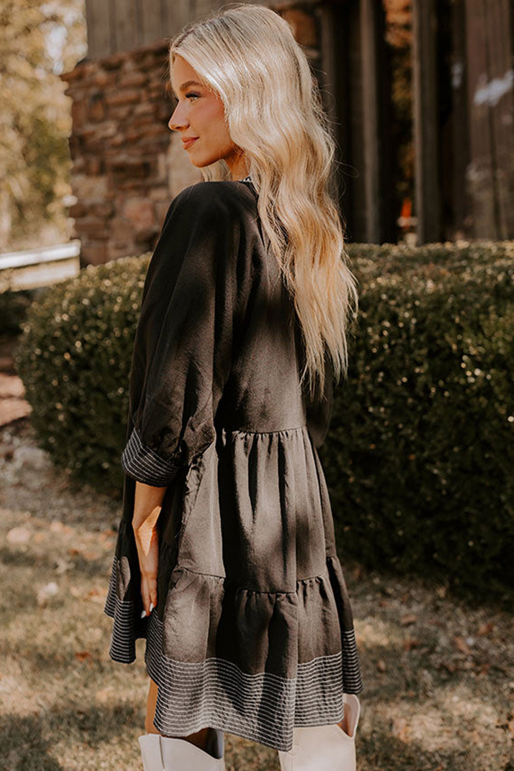 Black Contrast Stitched V Neck 3/4 Sleeve Tiered Mini Dress