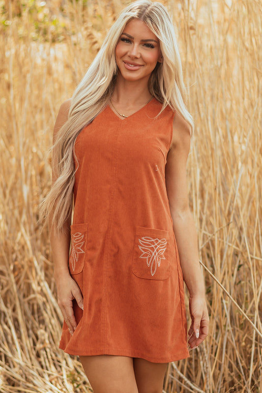 Gold Flame Corduroy Western Embroidered Patched Pocket Shift Sleeveless Mini Dress