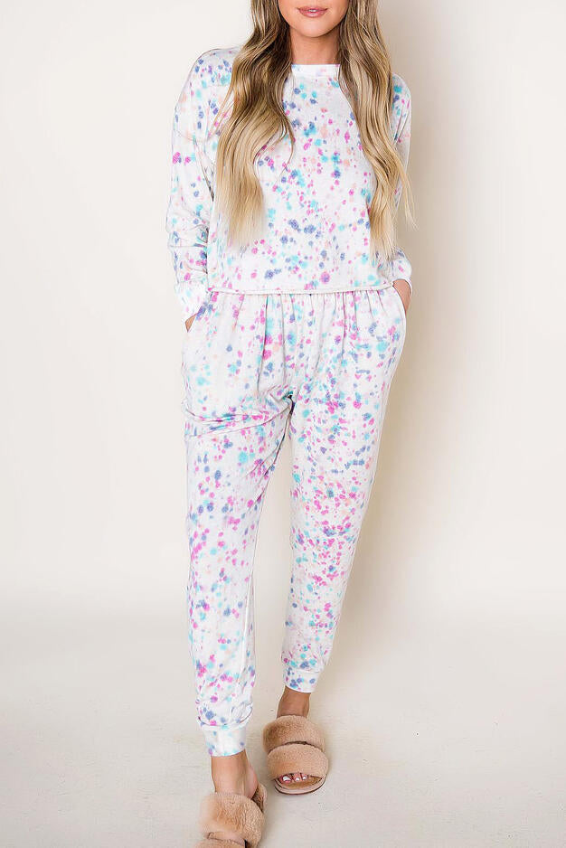 White Tie-dye Long Sleeve Crop Pullover and Joggers Lounge