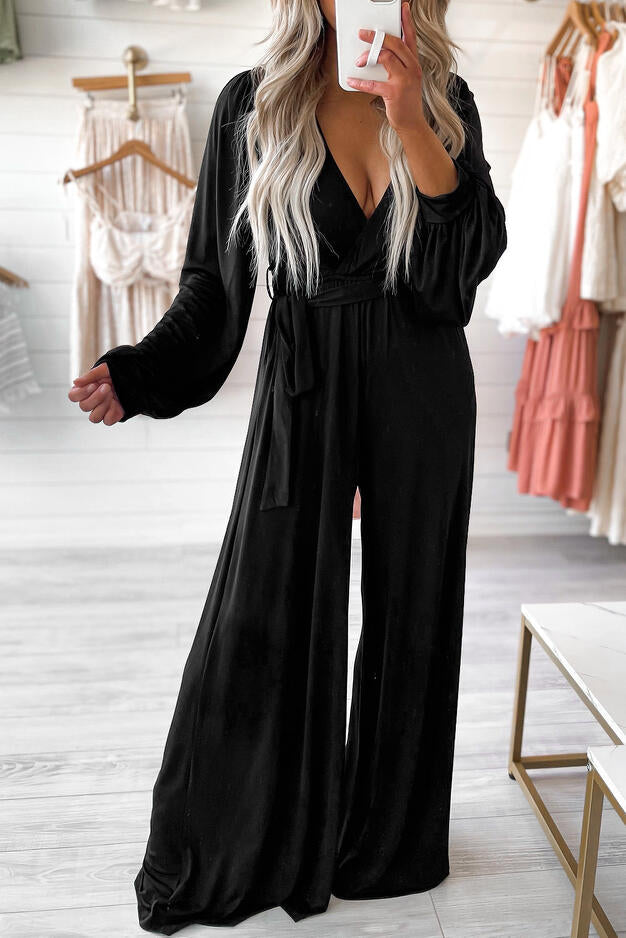 Black Cutout Back Belted V Neck Wide Leg Jumpsuit