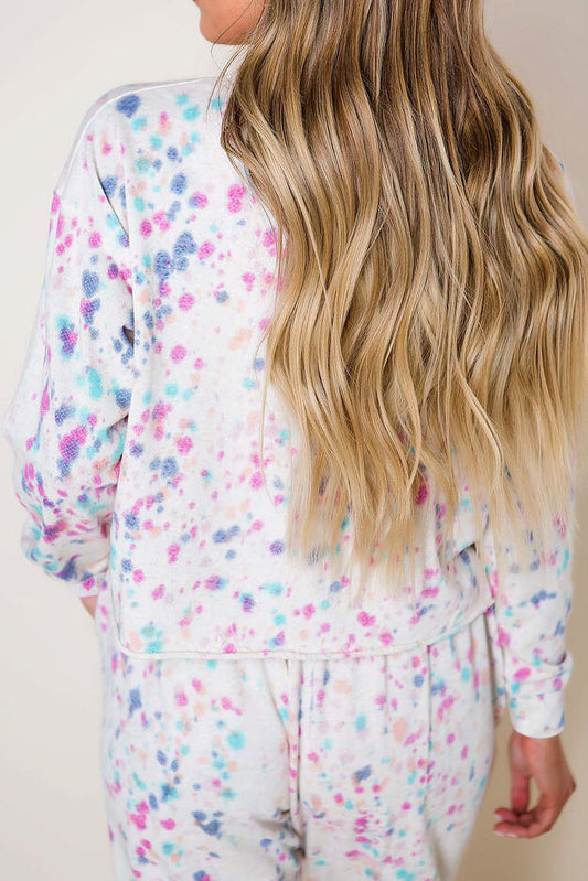 White Tie-dye Long Sleeve Crop Pullover and Joggers Lounge